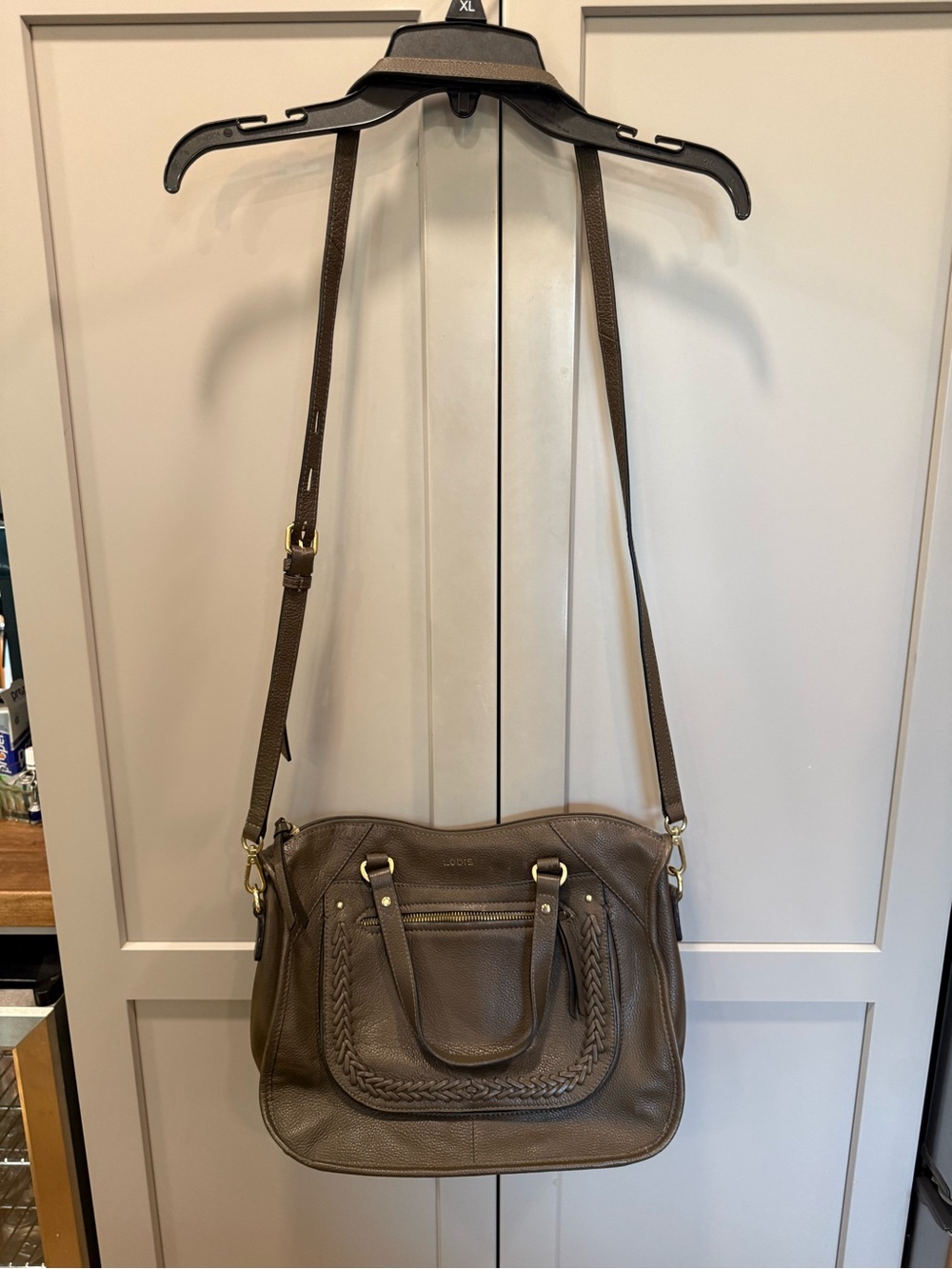 Lodis Taupe Braided Leather Shoulder Bag with Adjustable Strap